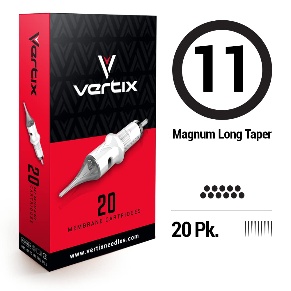 Vertix - 11 Magnum - Pack of 20 Membrane Tattoo Machine Cartridges - Transparent Detachable Tip, Minimize Tattoo Pen Machine Vibration