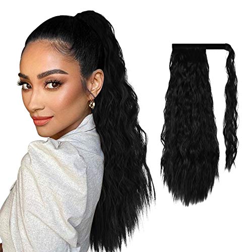 Long Corn Wave Ponytail Extension, PEACOCO 20 Inch Wrap Around Ponytail for Black Women Heat Resistant Synthetic Magic Paste Ponytail Hairpiece (1B)