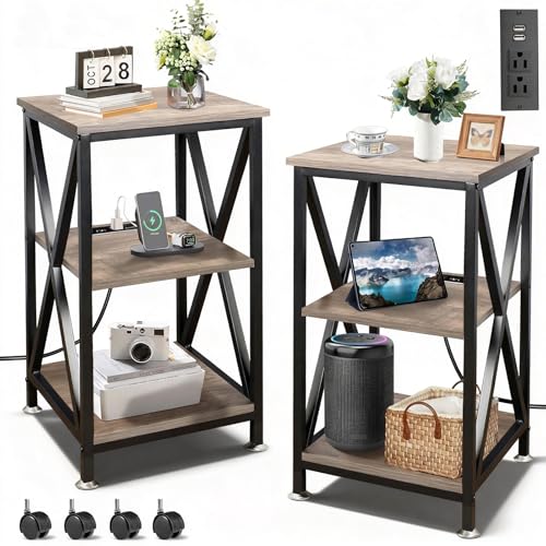 Image of End Tables Living Room Set of 2, Square End Table with Charging Station, 16 inch D X 16 inch W X 28 inch H, Wood and Metal Table with USB Ports and Outlets, Side Table with Wheels for Living Room, Bedroom, Grey
