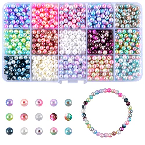 smatime 1200 Pcs 6mm Round Pearl Beads Plastic Coloured Imitation Pearls Dyed Pearlized Beads Loose Spacer Pearl Beads Artificial Faux Pearl Ball with Hole for Jewellery Making Necklace Bracelet Craft