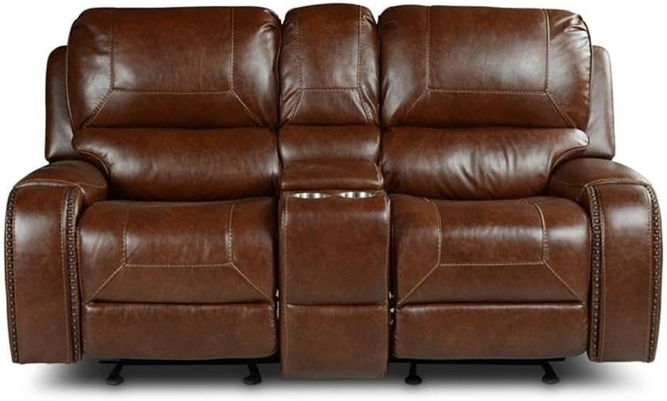 Pemberly Row Brown Faux Leather Manual Glider Recliner Loveseat, 78" Wide, Nail Head Trim, High-Density Foam, Hidden Storage Console with Cup Holders, USB Ports, Living Room Seating