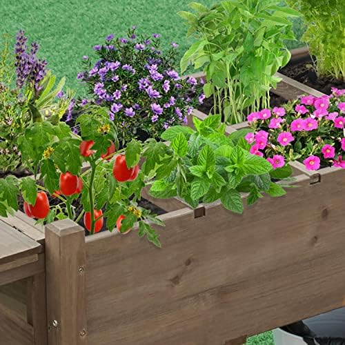 Yaheetech Raised Bed for Garden Wooden Raised Planter with Fabric Liner Raised Garden Bed Elevated Raised Planter Box with Grow Grids Trellis and Storage Bottom Shelf, 123.5 x 54 x 80cm