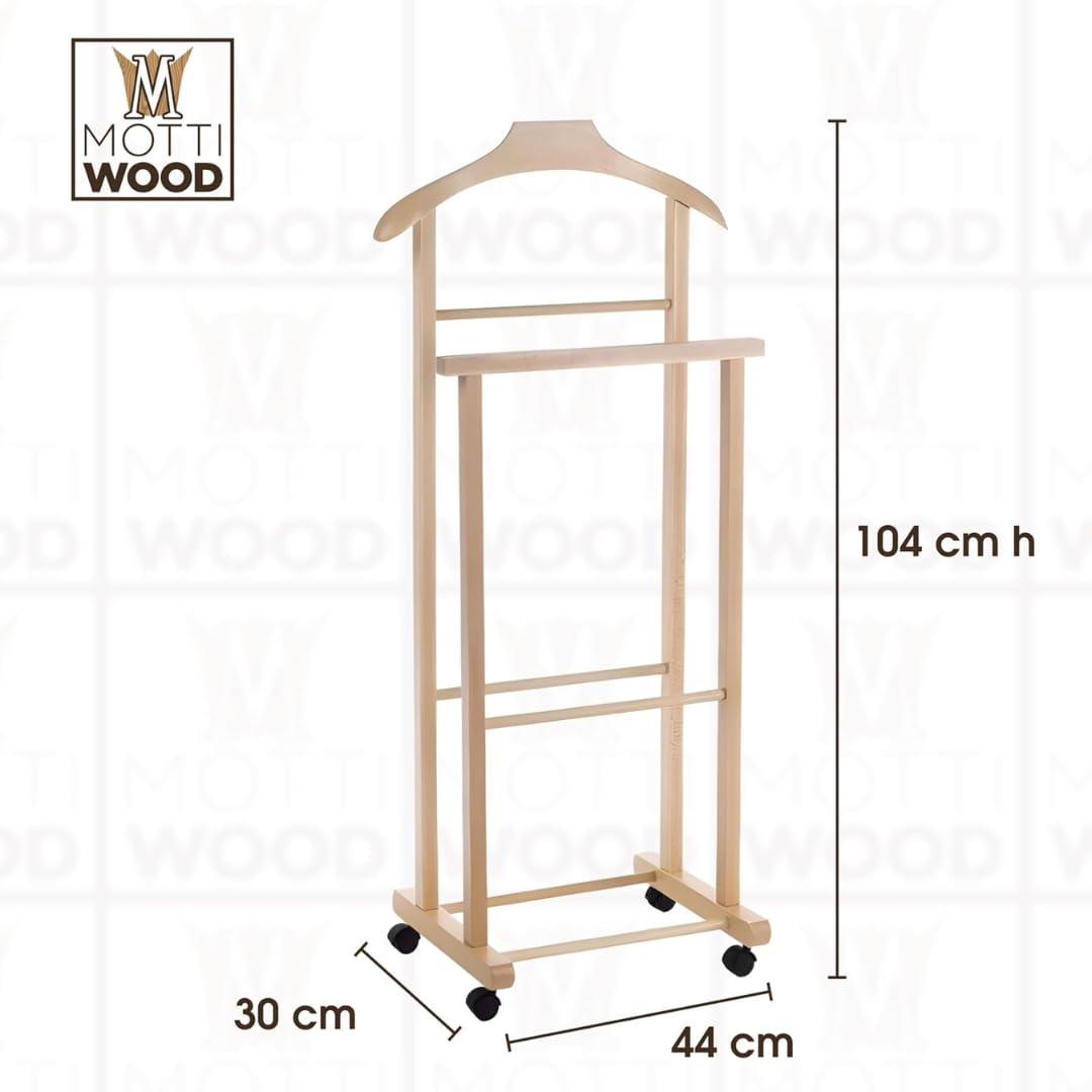 Mottinox 2 Indossatori Appendiabiti Da Camera, Legno Faggio Naturale, Servo Muto Doppio con 4 Ruote