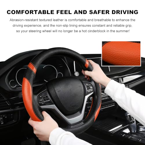Image of Car Steering Wheel Cover, 15 Inch Premium Leather Breathable Non-Slip Wheels Wrap, Universal Auto Comfortable Steering Wheel Protector for SUV Truck Van, Car Accessories (Orange)