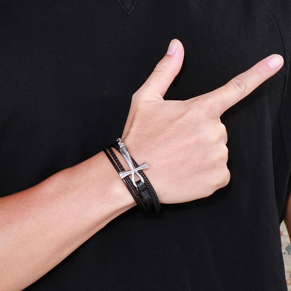 Leather Bracelet for Men Women, Ankh Cross Bracelet 316L Stainless Steel Layered Leather Braided Bracelet 8.3 Inches