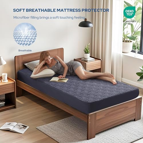 Image of BEDLORE Waterproof Mattress Protector, Twin Size Mattress Pad with Deep Pocket 6 inch-15 inch Depth, Soft Dirt-Proof Double Bed Mattress Cover for Bedroom, College Dorm, Hotel (Navy Blue)
