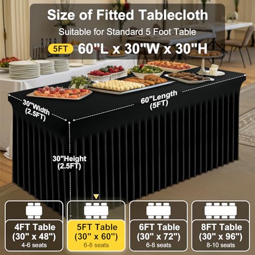 Image of Smiry 2 Pack Spandex Elastic Fitted Table Cloth Skirt for 5FT Table | Stretch Washable Table Cloth, Banquet Table Cover for Wedding, Party, Indoor & Trade Shows, (Black, 60Lx30Wx30H)