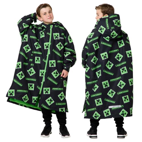 Snuggz Lite Kids Minecraft Changing Robe Oversized Shower-Resistant Creeper Changing Coat with Lining Pockets Easy Zip Front Drying Robe for Swimming Sports & Outdoor Play - Kids S (3-5 Years)
