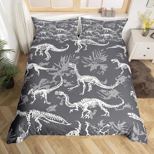 Parure de lit 2 pièces avec housse de couette sur le thème des dinosaures, fossiles, crânes fossiles, pour enfants, adolescents, garçons, jeunes, hommes, pour décoration de chambre d'enfant, pour lit