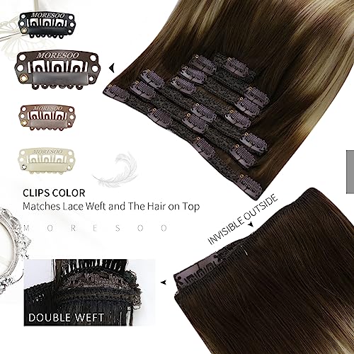 Moresoo Clip in Hair Extensions Real Human Hair Balayage Brown to Light Brown with Medium Blonde 18 Inch 7pcs/120G #3/8/22 - Image 4