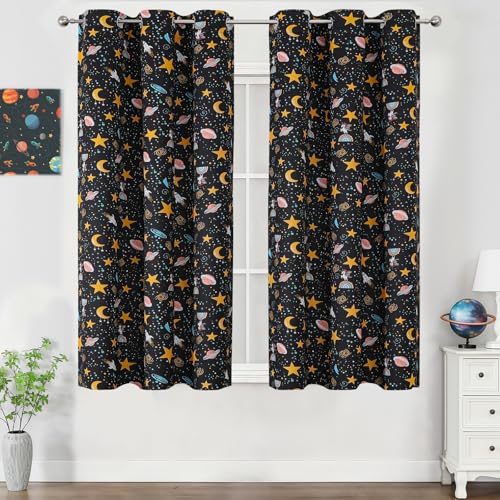 Image of Star Moon Black Out Curtains 54 Inch Long for Kids Bedroom /Nursery,38Wx54L | Estelar Textiler Grommet Thermal Insulated Room Darkening Drapes,Unicorn Planet Short Window Curtains for Boys Room,Pack of 2