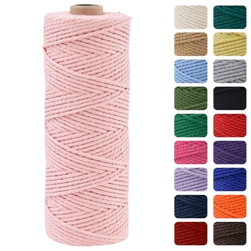 MOMAHUA 2 mm makramé sladd, ljusrosa naturlig bomull makramé sladd, 100 meter snöre rep hantverk sträng utan kemikalier för gör-det-själv-hantverk, presentförpackning, jul bröllop dekorationer