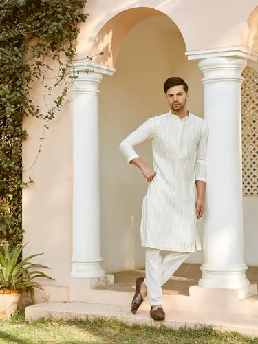 Image of See Designs Men Full Sleeve Chanderi Silk Sequins Mandarin Collar Side Slit Kurta