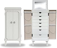 Hives & Honey Charlene Locking Standing Jewelry Armoire, White Wood with Mirror, 7 Drawers, Necklace Hooks, Anti-Tarnish Lining