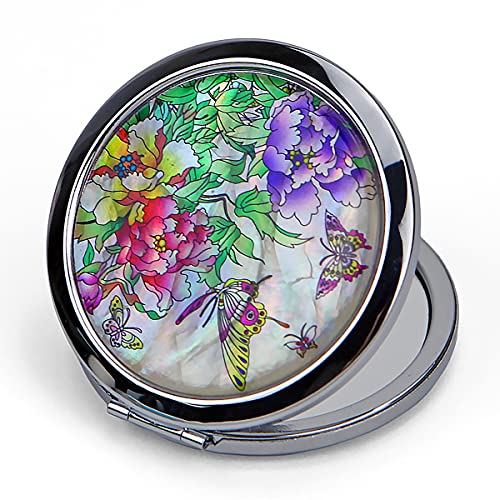 Compact Mirror–Mother Of Pearl Magnifying Mirror–One-Touch Travel Makeup Mirror–Elegant Handheld Mirror With Floral Design–Dual-Sided Portable Mirror–Traditional Korean Painting(Butterfly Treepeony) #TOP30