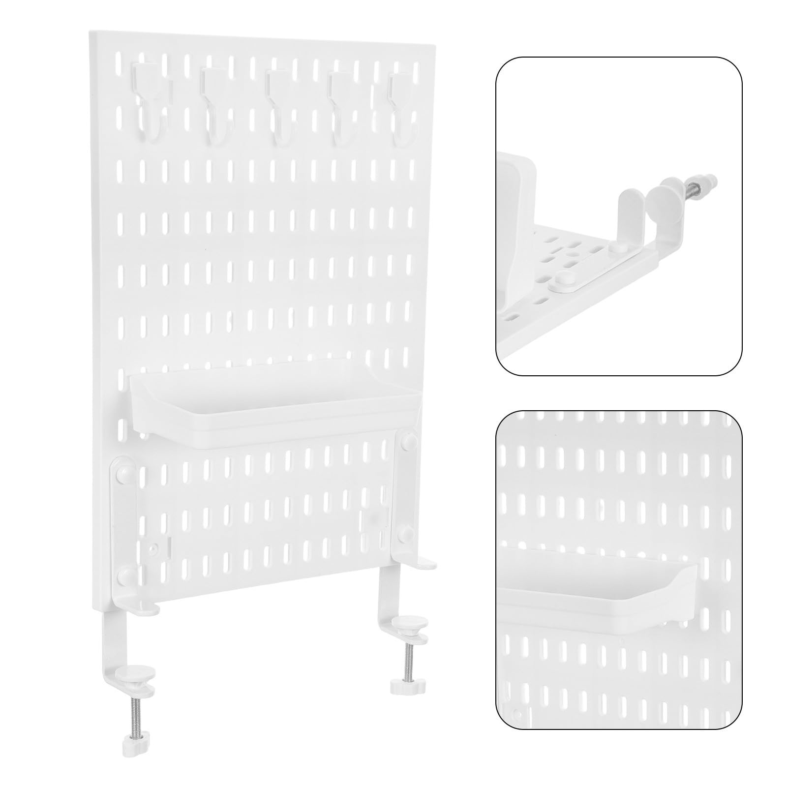 HOMSFOU Organizador de Escritorio y Compartimentos Múltiples Ajustable con Abrazadera de Plástico Blanco, Tablero Perforado con Ganchos para Dormitorio y Oficina