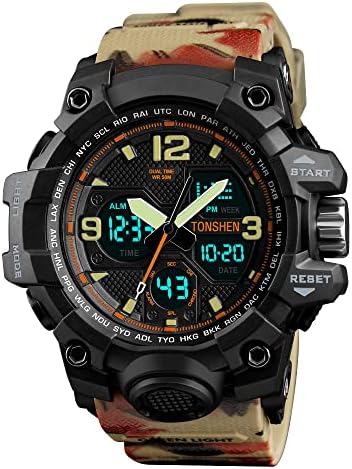 TONSHEN Digital Watch for Men 50M Waterproof Analog Quartz LED Electronic Double Time Outdoor Military Multifunction Sport Watches Plastic Case with Rubber Band
