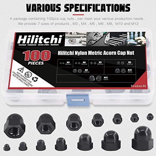 Hilitchi 7Sizes 100Pcs Black Nylon Acorn Nut Metric Inner Threaded Cap Nuts Assortment Kit M3 4 5 6 8 10 12 Dome Nuts #TOP4