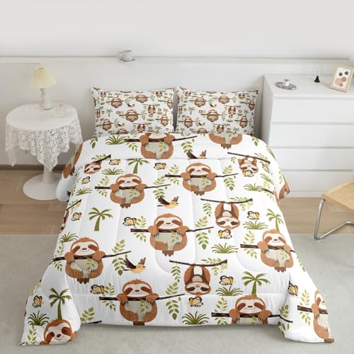 Image of Feelyou Sloth Comforter Set Twin Size, Cartoon Sloth Comforter Set Kawaii Animals Comforter Kids Toddler Botanical Branches Duvet Set with 1 Pillow Case