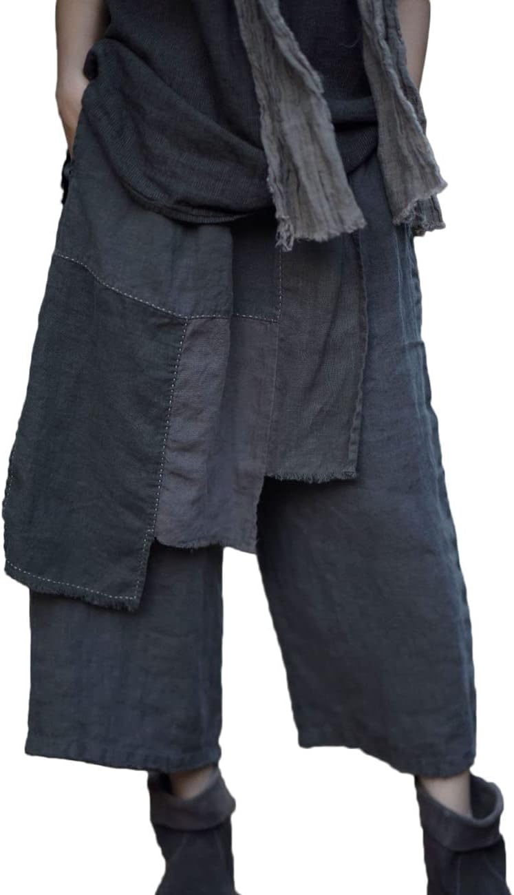 NFYM Women's Spring Linen Cropped Pants Wide Leg Elastic Waist Asymmetric Apron Patchwork Casual Vintage Capri Trousers