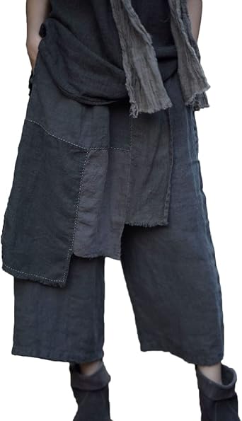 NFYM Womens Spring Linen Cropped Pants Wide Leg Elastic Waist Asymmetric Apron Patchwork Casual Vintage Capri Trousers