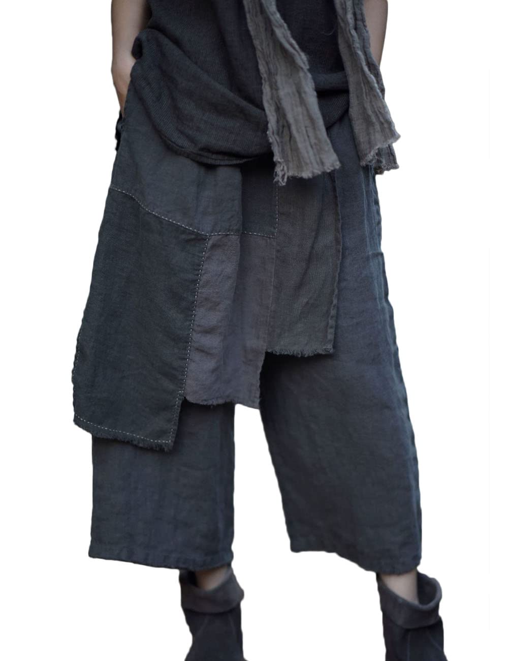 NFYM Womens Spring Linen Cropped Pants Wide Leg Elastic Waist Asymmetric Apron Patchwork Casual Vintage Capri Trousers
