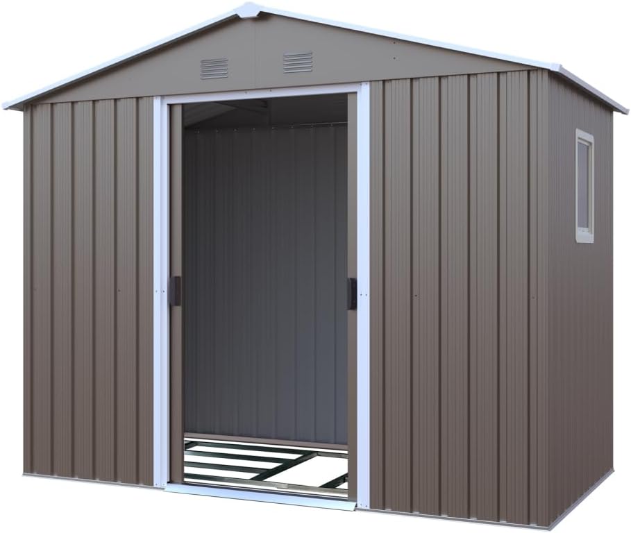 Outdoor Metal Storage Shed 8ft x 4ft with Window, Metal Foundation Frame, Punching Vents, Sliding Door, and Lock - Gray