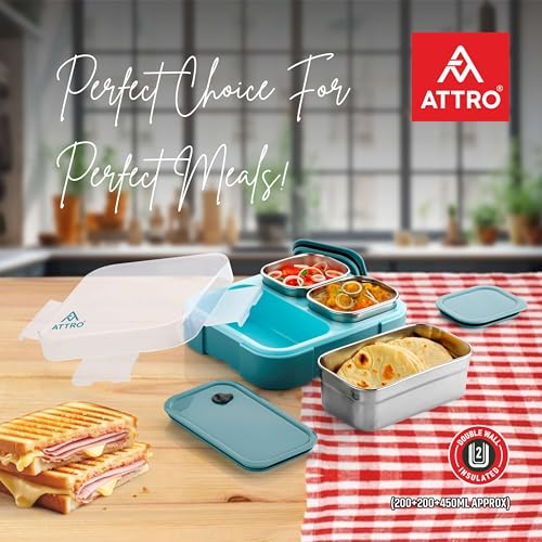 Image of ATTRO Admire 3 Compartment Stainless Steel Lunch Box BPA Free, Durable & Lightweight, Easy to Carry, Compact Design Ideal for School, Office, College & Travel-Aqua Blue- 800ml