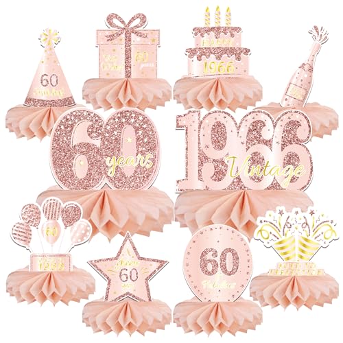 10PCS 60th Birthday Decorations Centerpieces for Table Decorations, 2026 Vintage 1966 Honeycomb Table Topper Gold in 1966 Birthday Party Decoration for Women (Rose Gold & Gold, 60 Years)