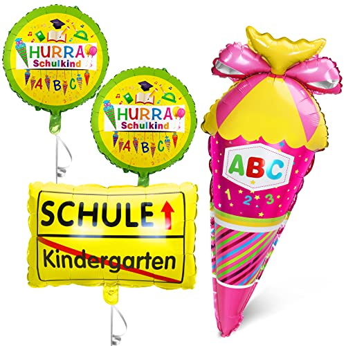 Einschulung Deko Rosa Zuckertüten Folienballon + SCHULE Kindergarten Ballon + 2 HURRA Schulkind Folienballons Deko Einschulung Luftballons für Mädchen