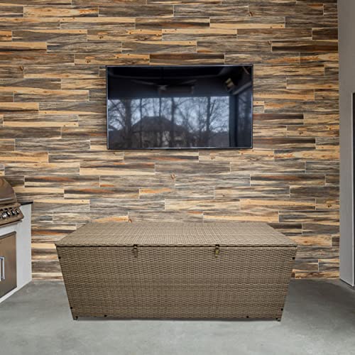 Image of Oakland Living Tan Indoor and Outdoor Balcony Patio Deck Porch Pool 113 Gallon Wicker Storage Box Trunk Bin with Metal Frame