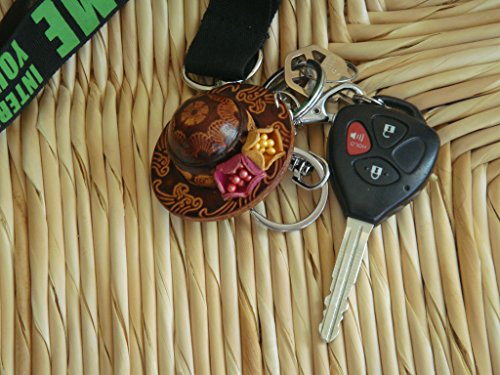 A Pair Of Genuine Leather Keychain/Bag-Charm, Stylish Straw Hat Shape, Darkbrown #TOP3