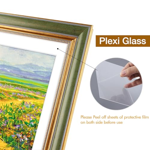 Image of Golden State Art,8.5x11 Ornate Picture Frame Holds 6x8 Photo,Green Gold | Includes easel back,HD plexiglass,white mat,build-in hangers.8.5x11 Decorative photo frame matted to 6x8.Desktop /wall mount