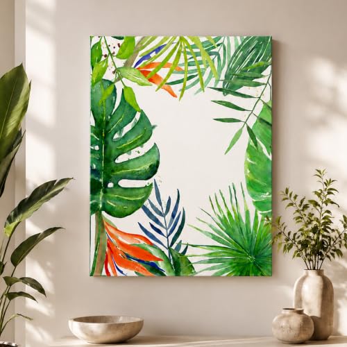 Image of PAINTINGMANTRA Tropical Green Leaves Stretched Canvas Wall Art Painting for wall decoration | Botanical Leaf Nature Inspired Painting for Living Room, Bedroom and Office, 16x22 Inch