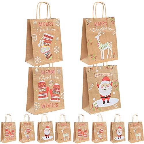 Bolsas de Regalo de Papel Kraft Navideño, 12 Piezas Bolsa Navidad para Regalos con Asas para Bodas Fiestas Celebraciones Compras Cumpleaños Christmas Cover