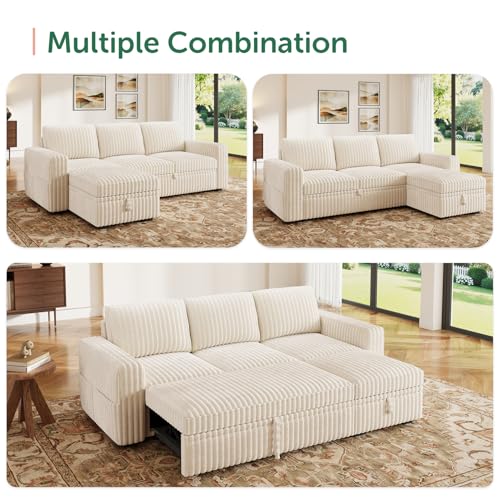 Image of HONBAY Modular Sectional Sofa with Pull Out Bed,Corduroy L Shaped Sleeper Sofa with Storage, Sectional Couches for Living Room,Beige