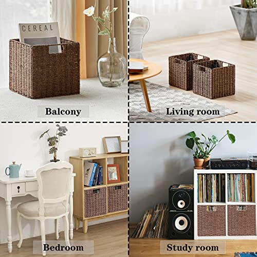 Vagusicc Wicker Baskets, Set Of 2 Hand-Woven Paper Rope Storage Baskets Woven, Foldable Cubby Storage Bins, Storage Basket For Shelves Pantry Organizing & Decor, Brown (11″×11″×11″) #TOP2