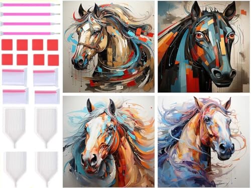 5D Diamond Painting Kit Complet Cheval Lot de 4 Loisir Créatif Broderie pour Adulte et Enfant