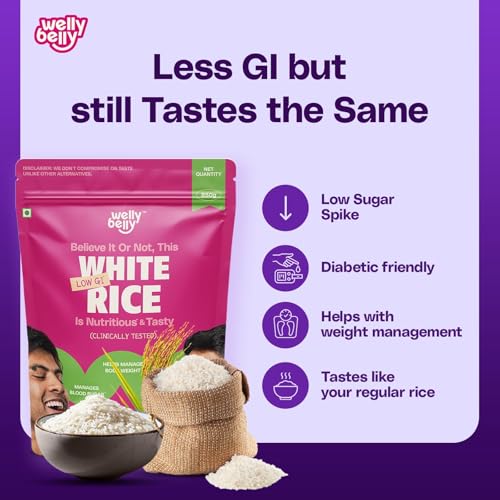 Image of Welly Belly Low GI White Rice 850g | 50% Lower Glycemic Index | Source of Protein & Fiber | Ideal Choice for Weight Management | Naturally Sourced | PCOS & Diabetic Friendly Chawal | Pack of 4