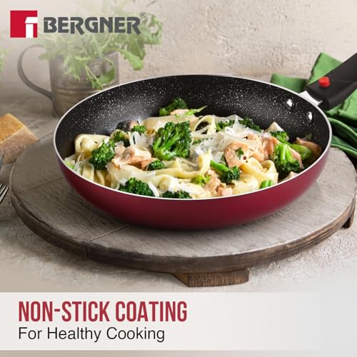 Image of Bergner Sherry Plus 5-Layer Non-Stick Coating 6 Pcs Cookware Set with Induction Bottom and Detachable Handle, 24cm /2.5L Kadai with Lid, 24cm /1.6L Frypan, 25cm Dosa Tawa, 2 Nylon Spatulas (Maroon)