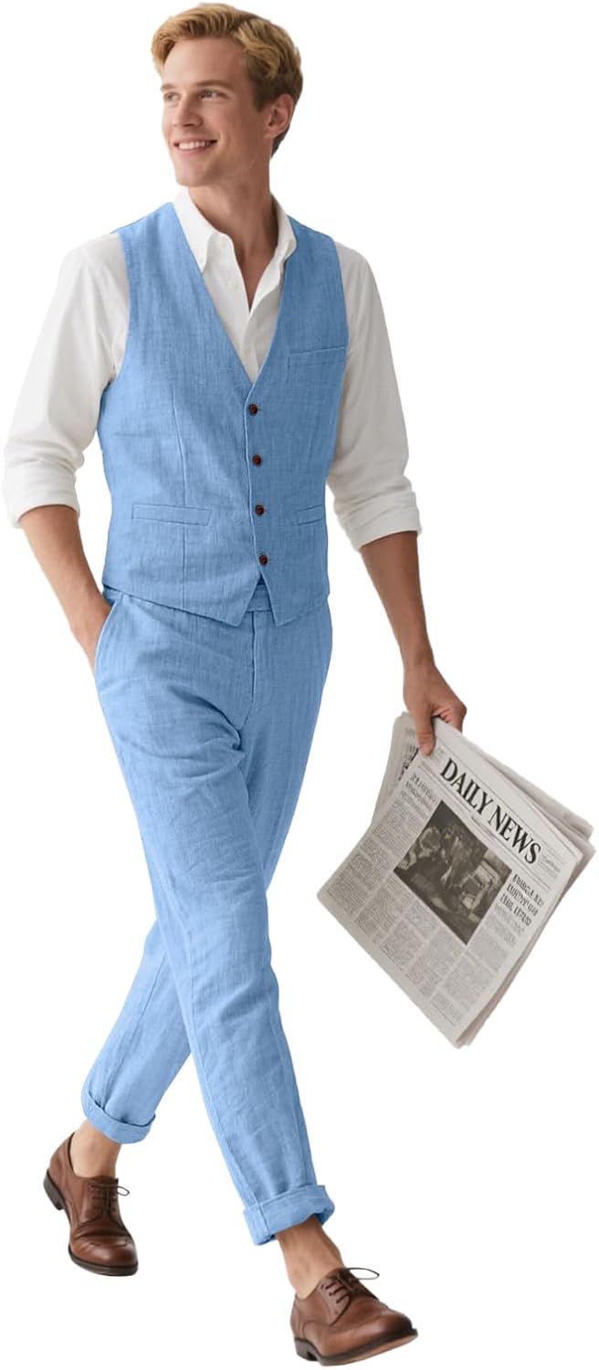 WOMS Mens Linen Suit 2 Piece Casual Summer Suits for Men Groomsmen Beach Wedding Party Vest Pants Suit - Image 2