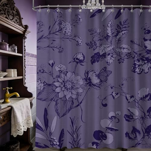 soeeao Dark Purple Vintage Botanical Shower Curtain, 72x72 in