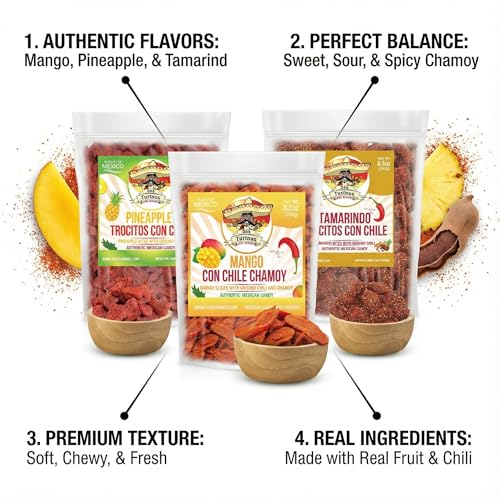 Mexican Fruit Candy 3-Pack, Dulces Mexicanos, Mango Chamoy, Pineapple Chile, and Tamarind Chile, Sweet and Spicy Candies Assortment by Don Turinos