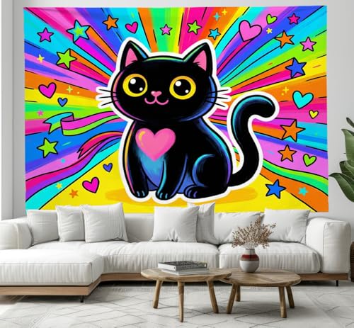 Tapisserie ray cat 230x180 cm réactive aux UV tenture murale noir colorée style hippie pour chambre