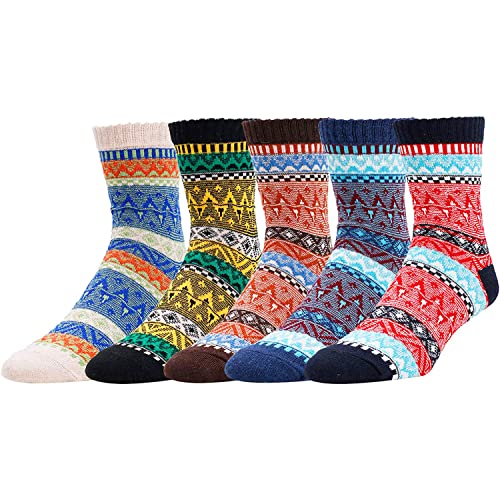 Zmart 5 Pack Women Soft Thick Knit Striped Wool Cozy Crew Socks Casual Fall Winter