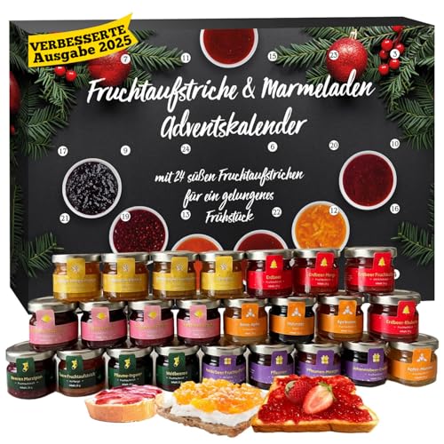 Adventskalender 2025 Marmelade, 24 verschiedene Fruchtaufstriche im Glas á 25g, Frühstück Adventskalender 2025, Frühstückskalender für Weihnachten