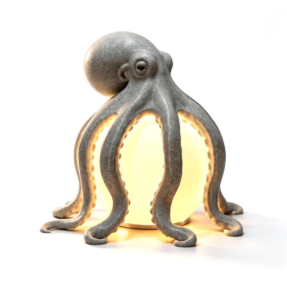 ​Octopus Table Lamp, 6in Coastal Ocean Decor with Warm LED Glow, Nautical Accent Light for Bedroom, Living Room & Reading Nook, Unique Ocean Themed Gift