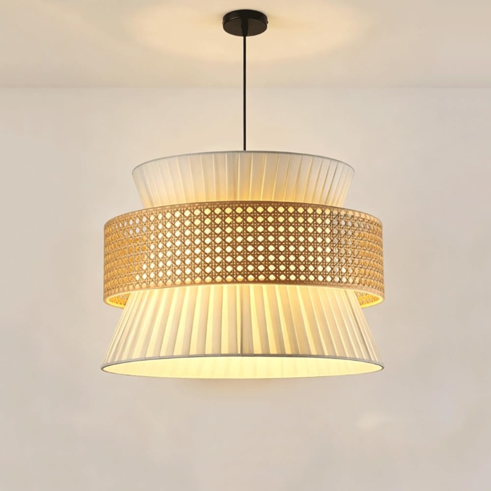 Lámpara Colgante De Ratán Tejido A Mano Wabi Sabi Con Pantalla De Tela Plisada, Lámpara De Techo Colgante Con Cable Ajustable Y Casquillo E27, Estilo Rústico Japonés, Ideal Para Isla