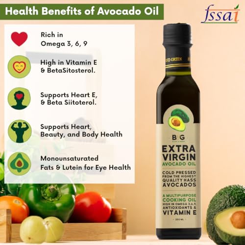 Image of Black and Green Extra Virgin Cold Press Multipurpose Avocado Cooking Oil Bottle, 100 ml