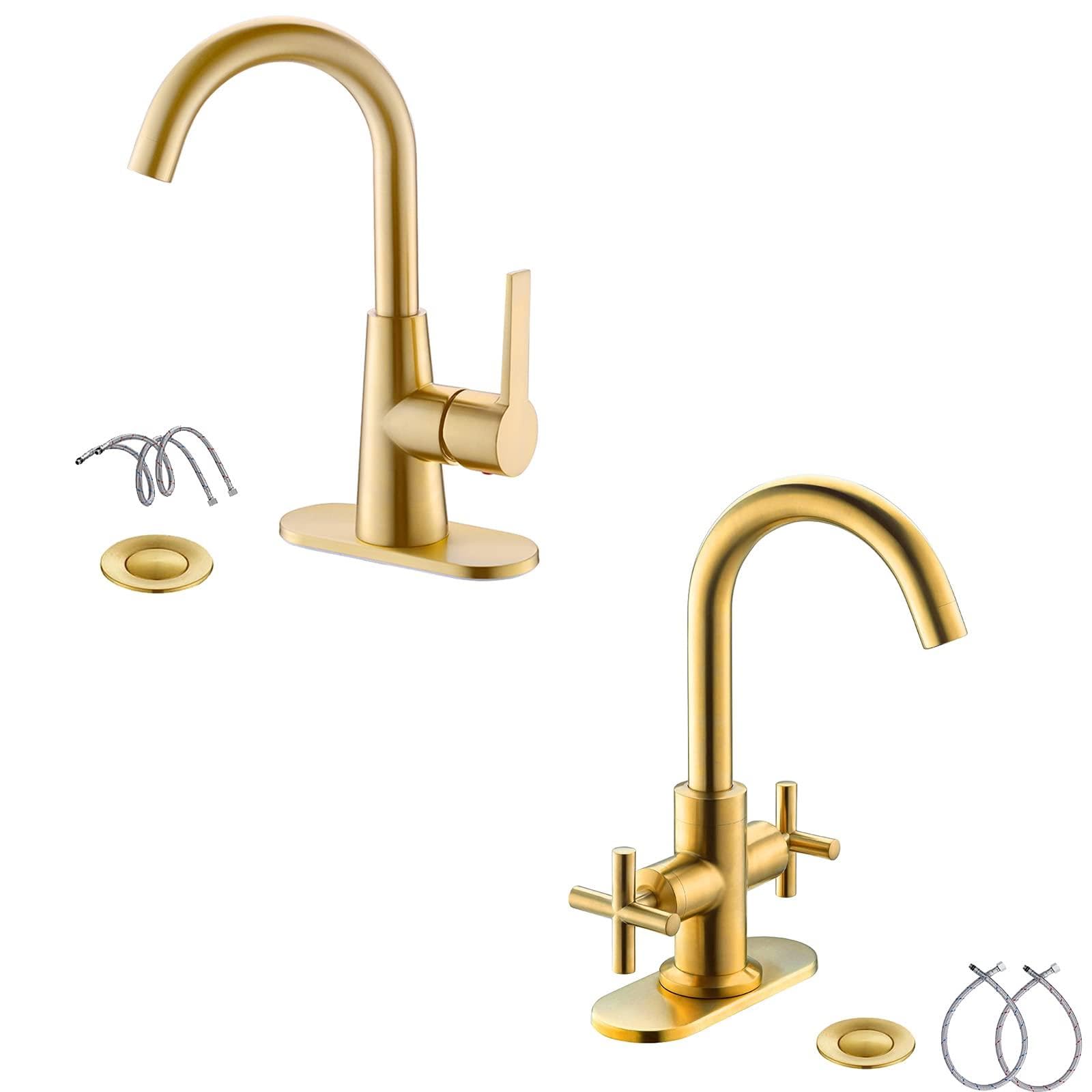 Robinet de Salle de Bain à Deux poignées, Finition Or brossé, entraxe de 10 cm (4 Pouces), avec bonde, Plaque de Montage et Flexibles d'alimentation. Convient pour 1 à 3 Trous.